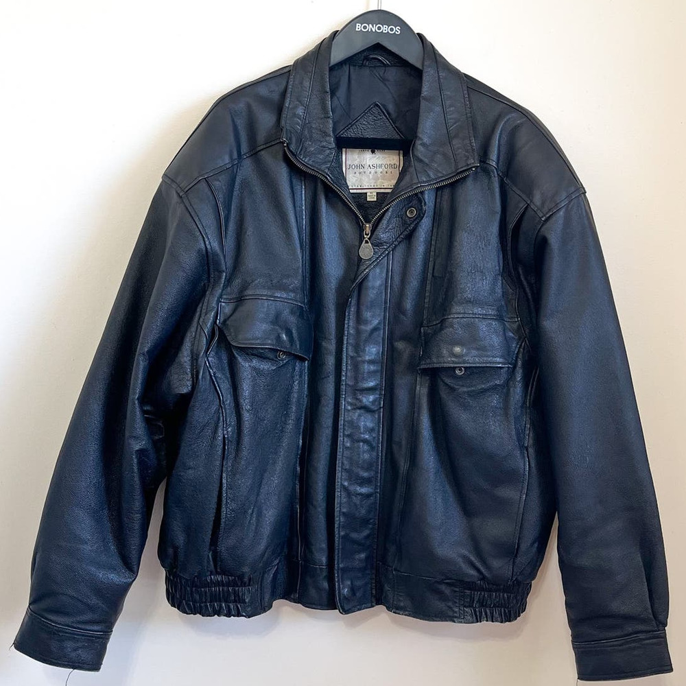 Vintage John Ashford Black Leather Men Bomber Jacket XL Moto Biker Rocker Coat